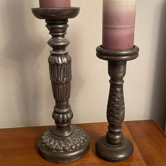 Set of 2 Pillar Candle Holders Hand Carved 15” & 12” Height Great Condition - Picture 2 of 13